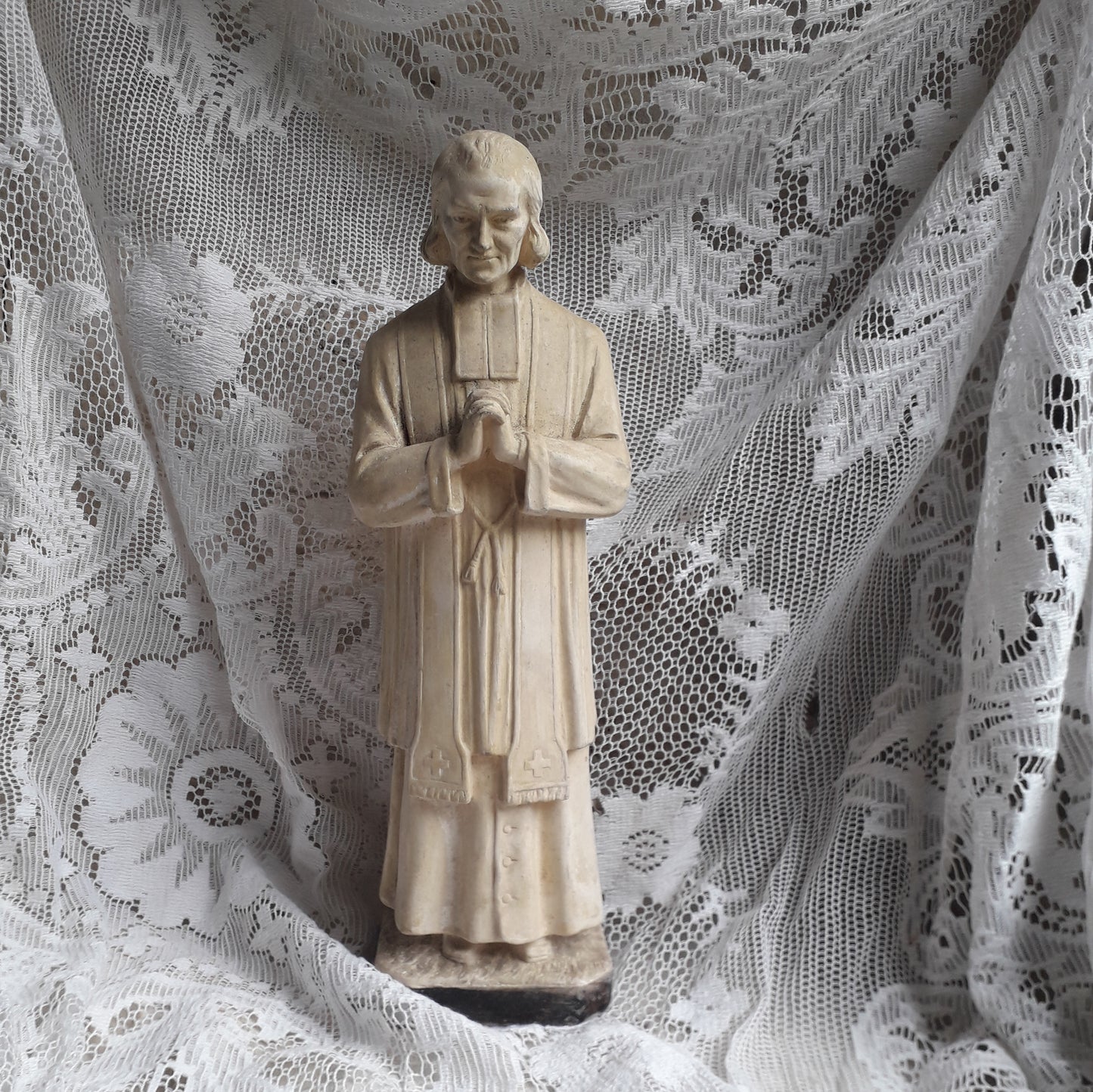 Large French vintage religious figurine with aged creamy white finish