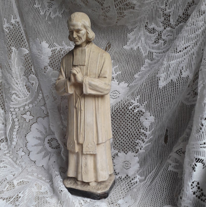 Large French vintage religious figurine with aged creamy white finish