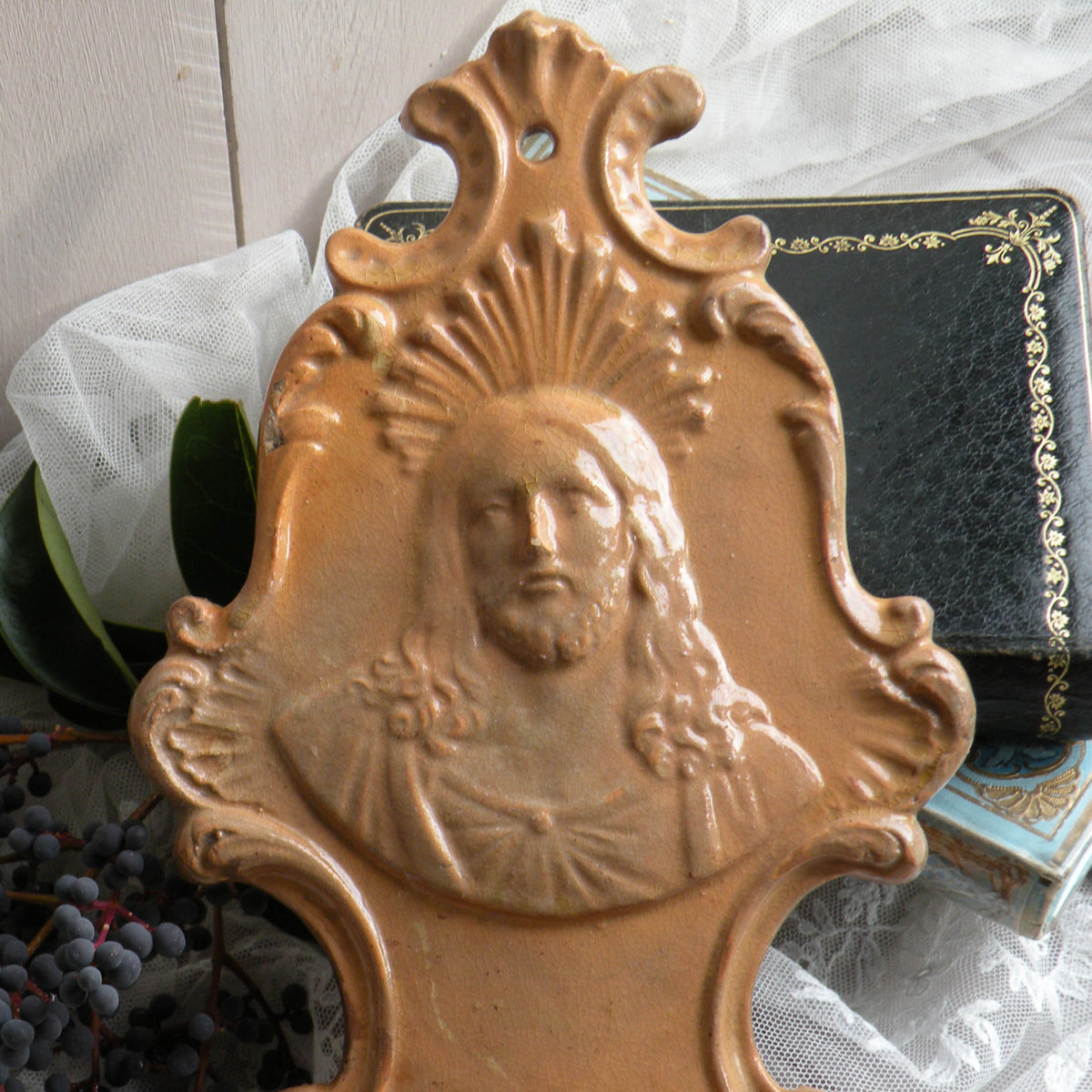 French antique glazed stoneware Holy Water font/stoup with Jesus Christ in relief.