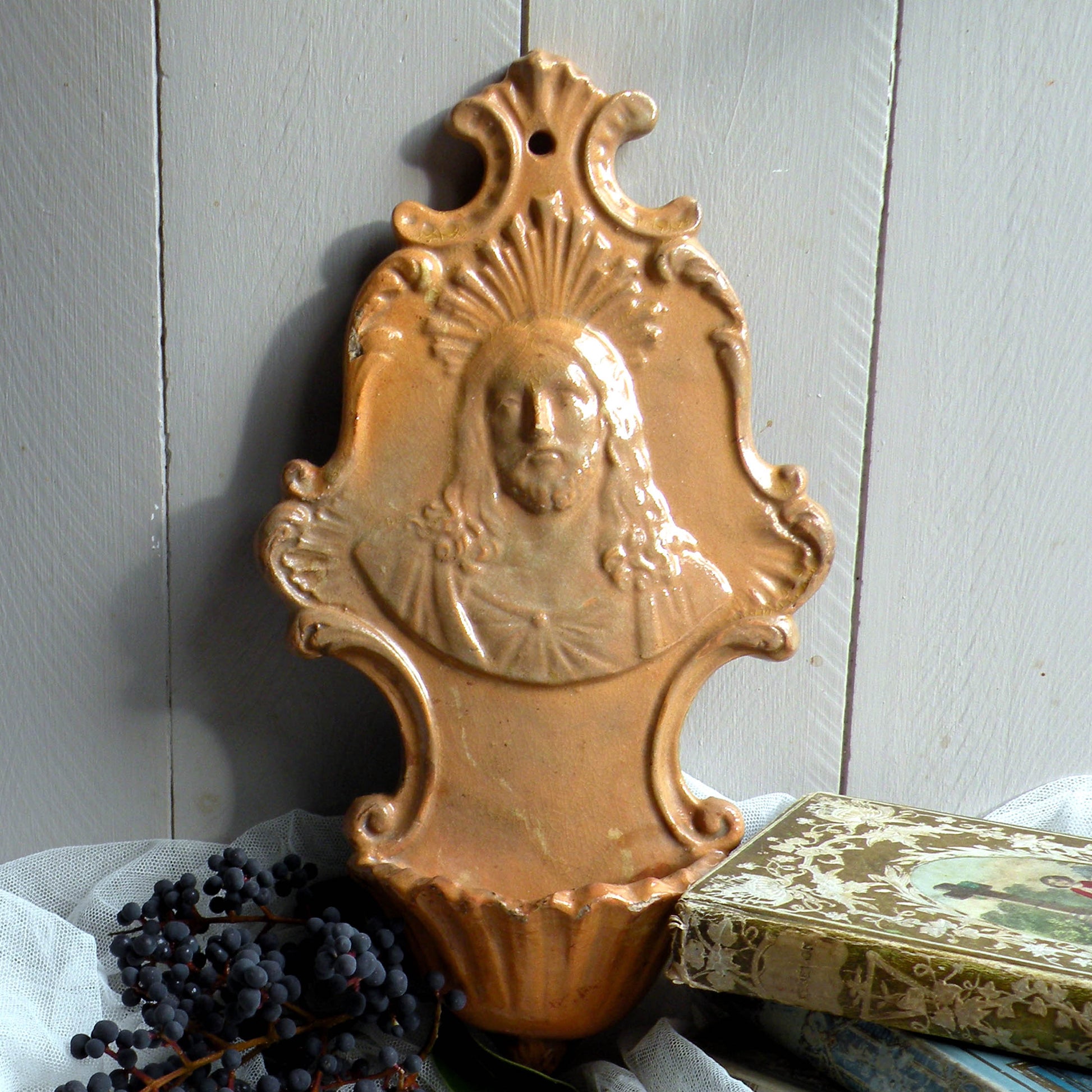 French antique glazed stoneware Holy Water font/stoup with Jesus Christ in relief.
