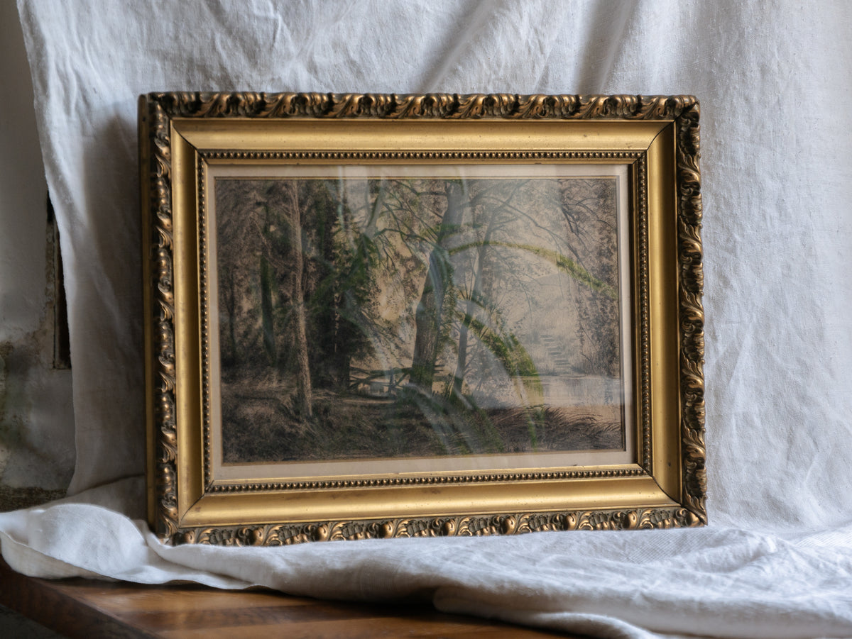 Framed artwork of a forest scene on a white fabric background