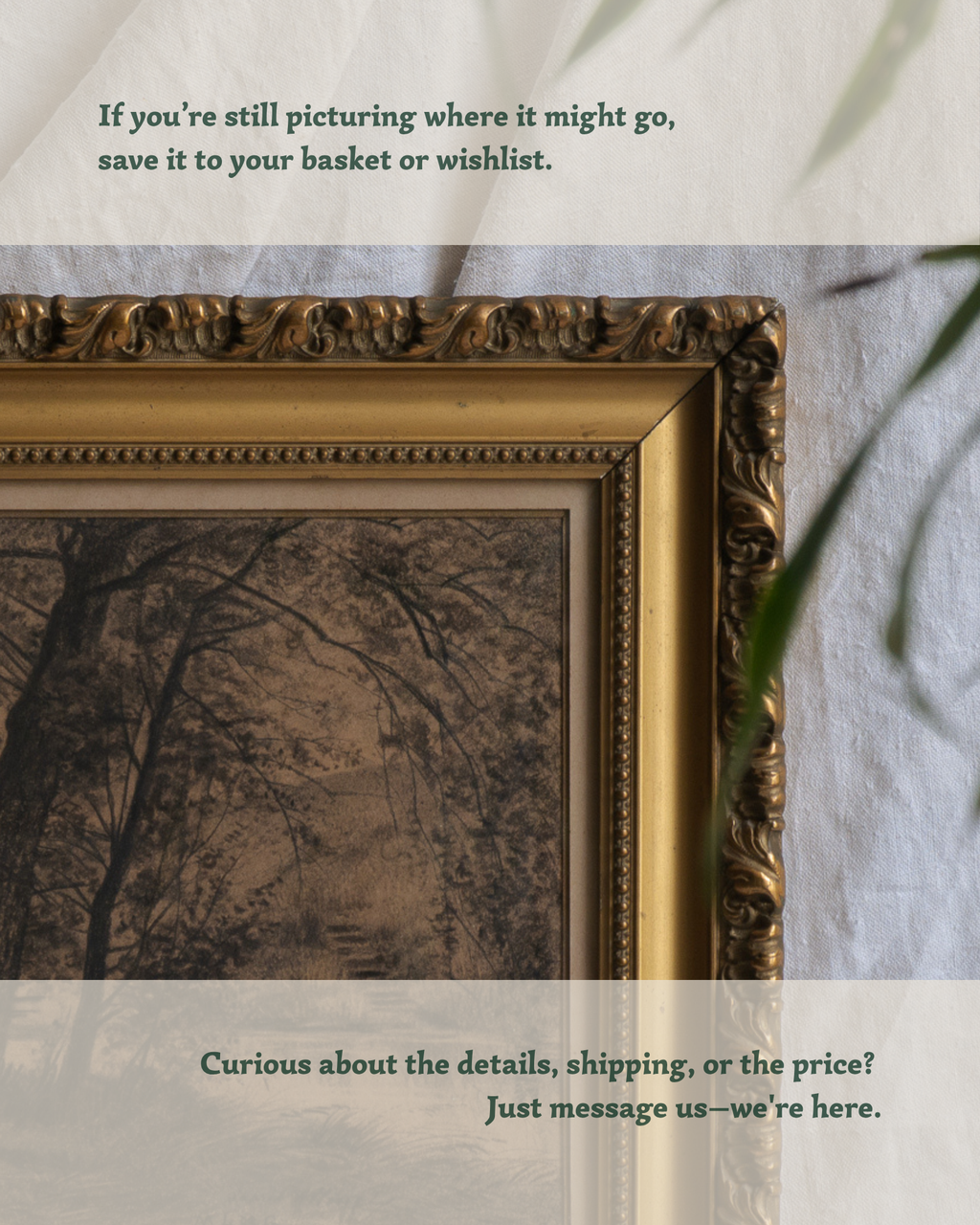 Antique Charcoal Landscape In Gold Frame, Trees and River