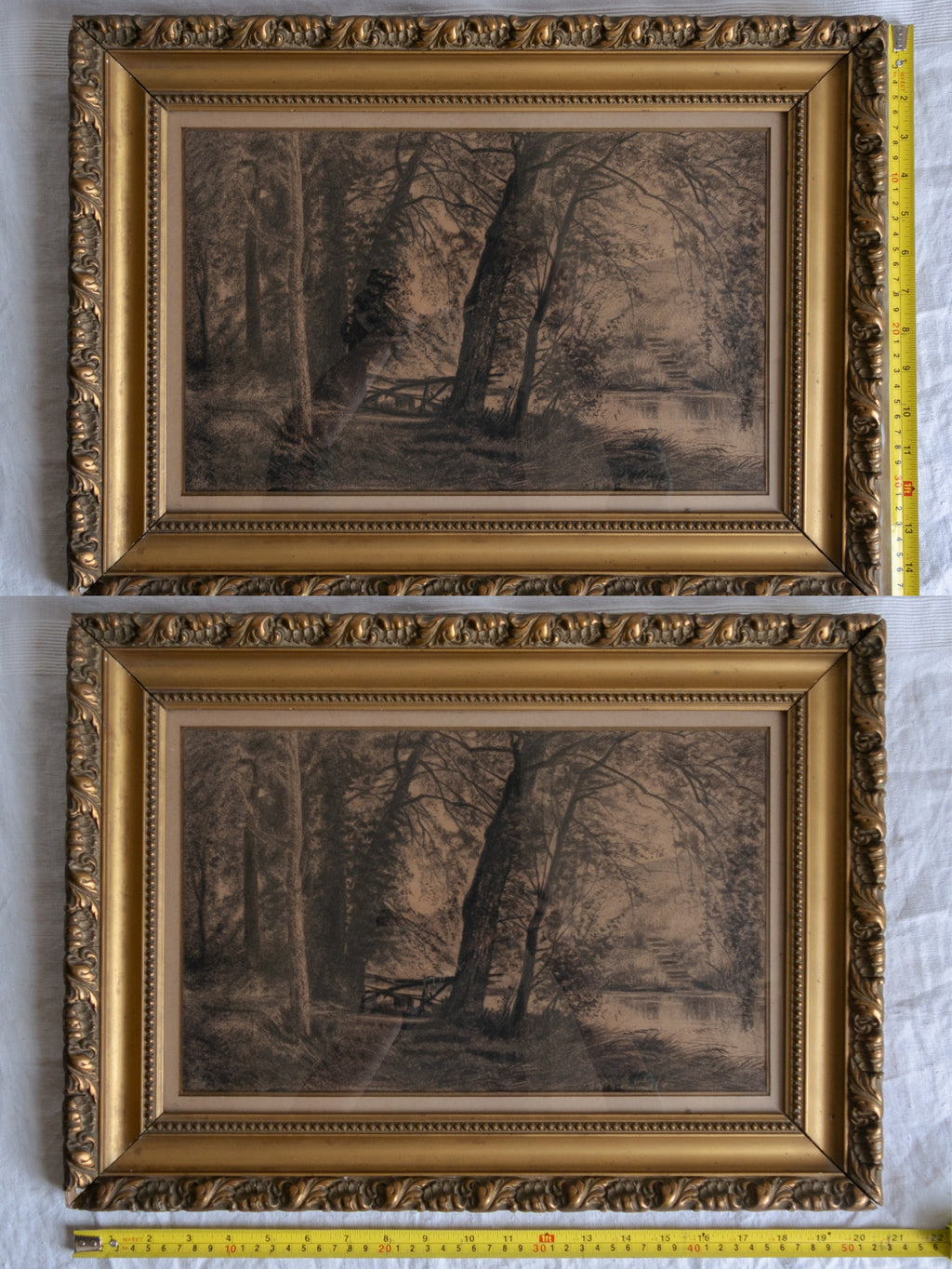 Two framed artworks of a landscape with trees on a white background, with a measuring tape for scale.