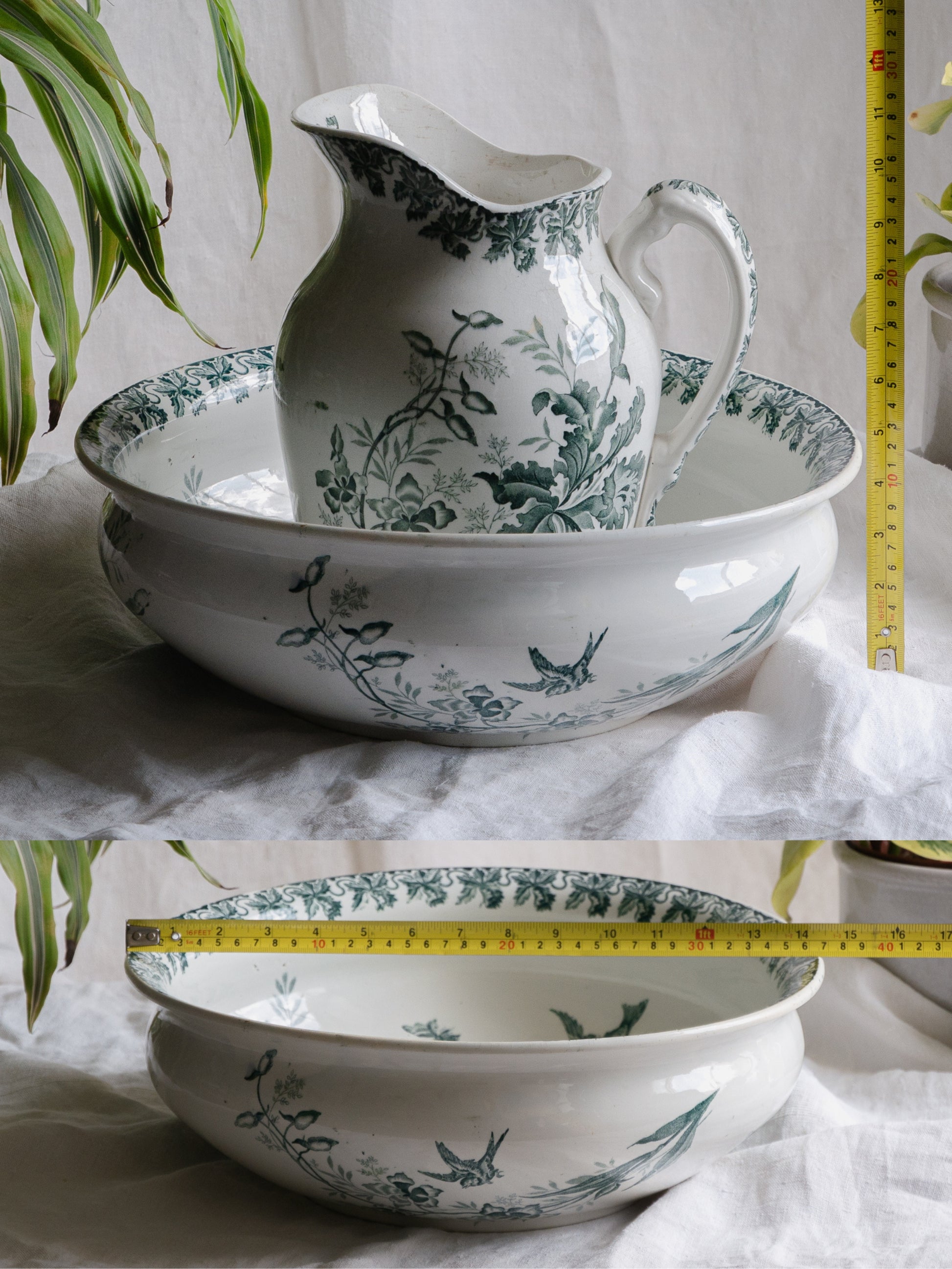A French antique ironstone jug, basin and soap dish, printed in a soft teal-green bird-and-floral pattern. 