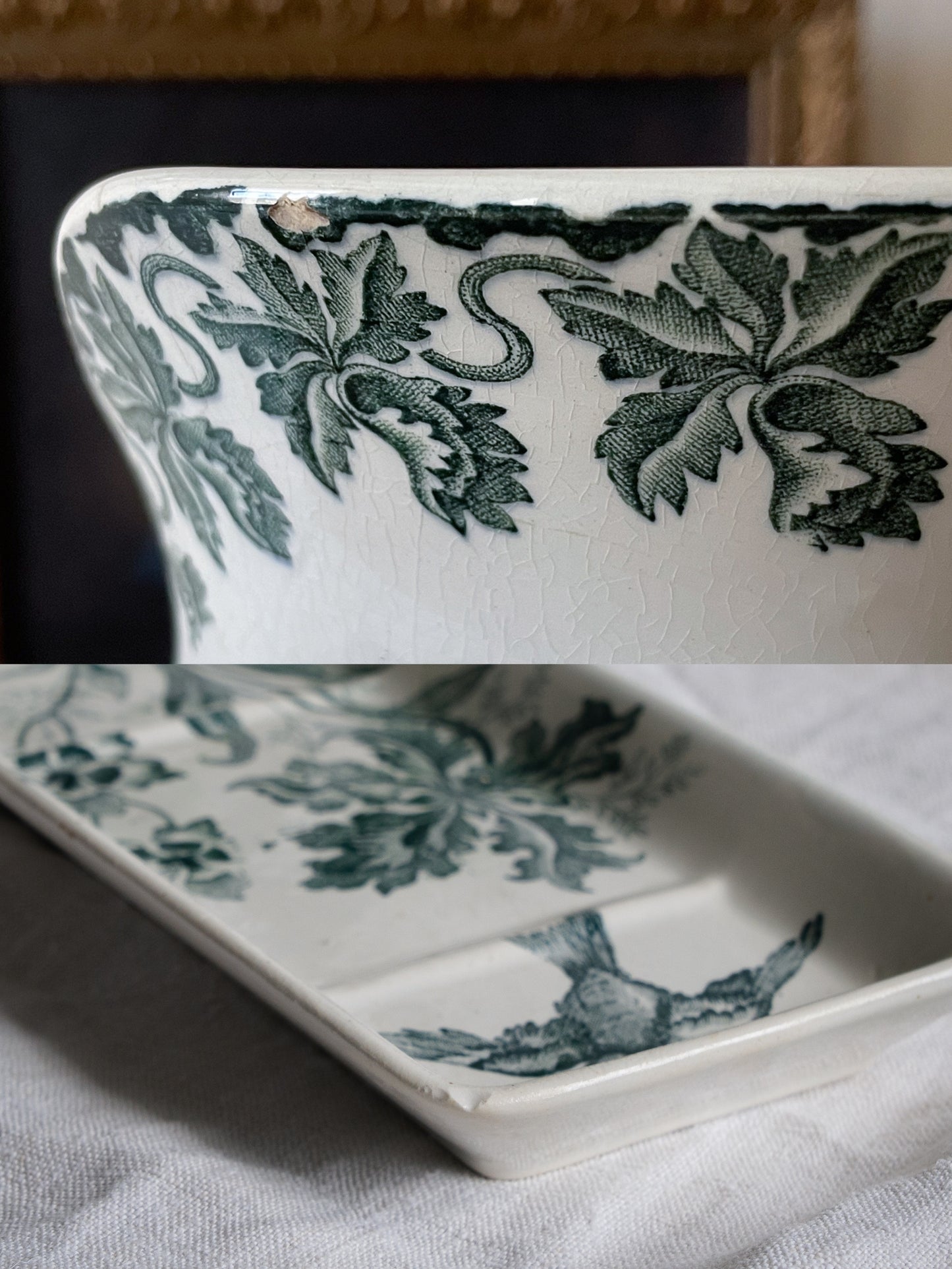 A French antique ironstone jug, basin and soap dish, printed in a soft teal-green bird-and-floral pattern. 