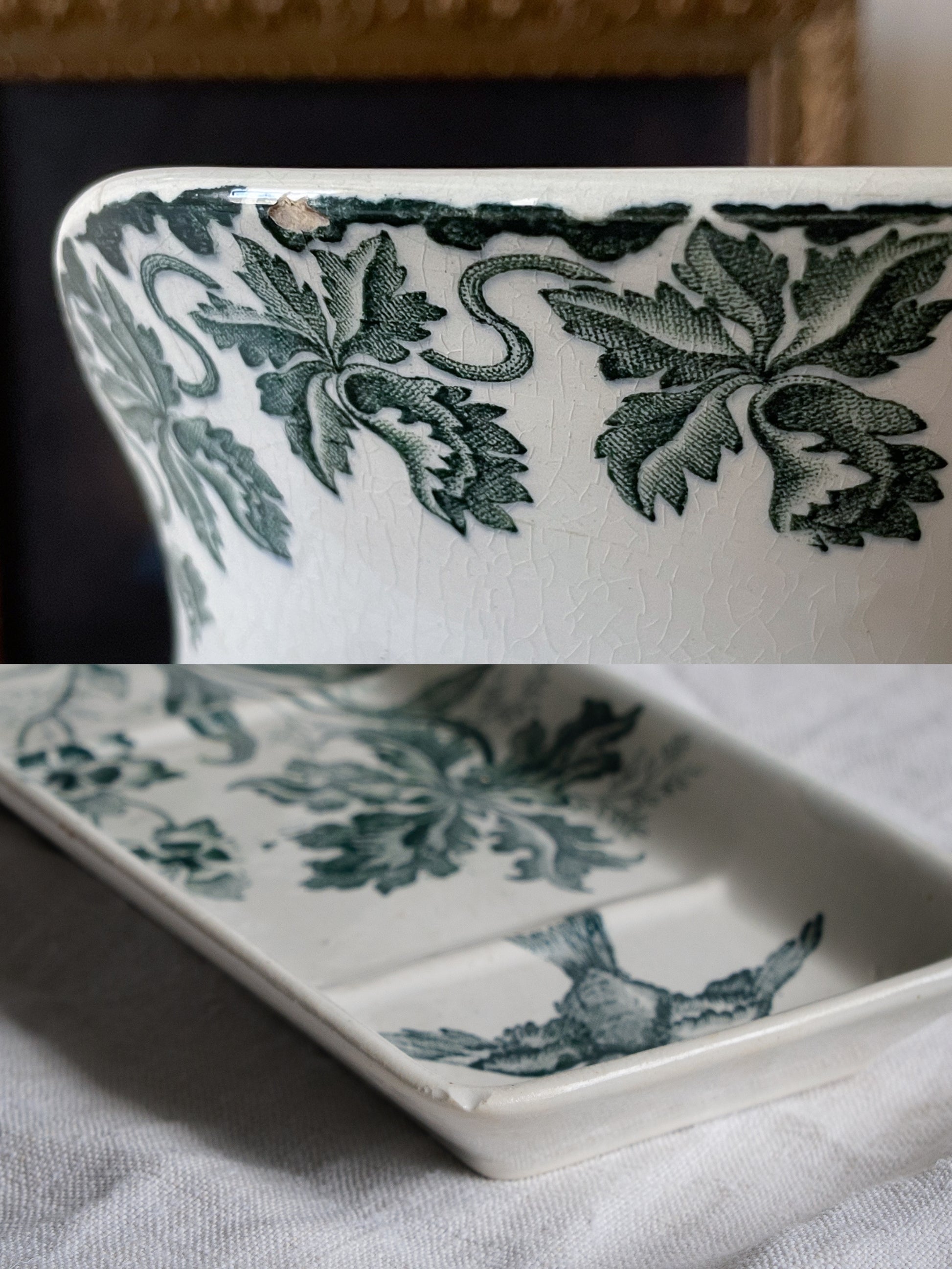 A French antique ironstone jug, basin and soap dish, printed in a soft teal-green bird-and-floral pattern. 