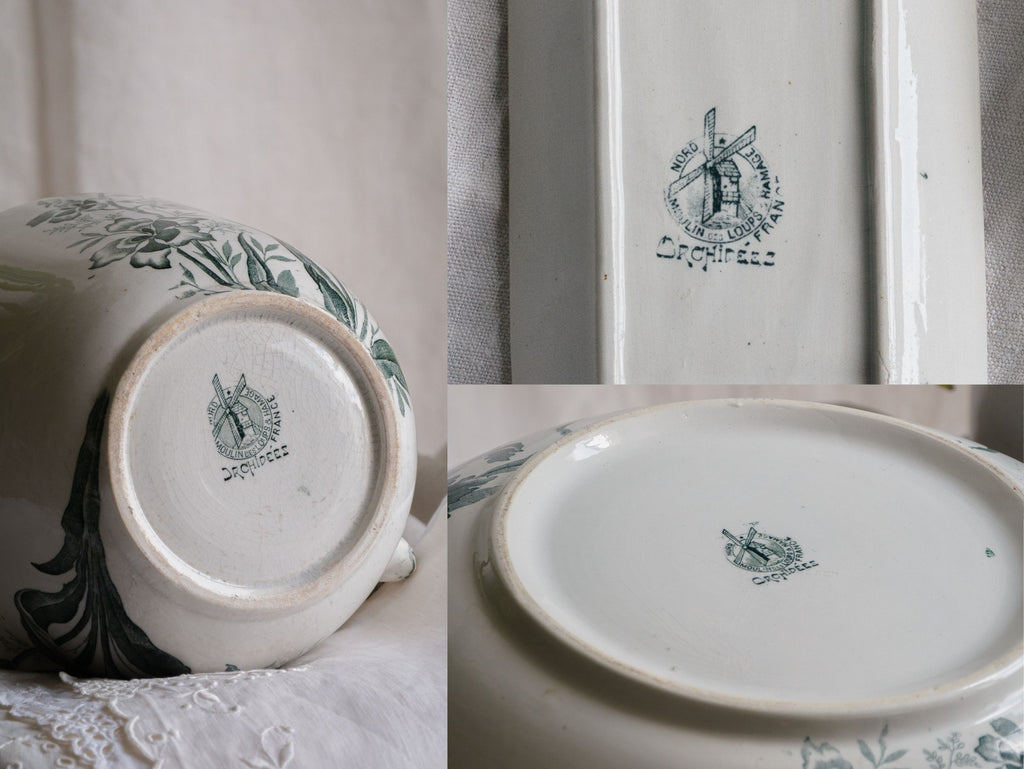A French antique ironstone jug, basin and soap dish, printed in a soft teal-green bird-and-floral pattern. 