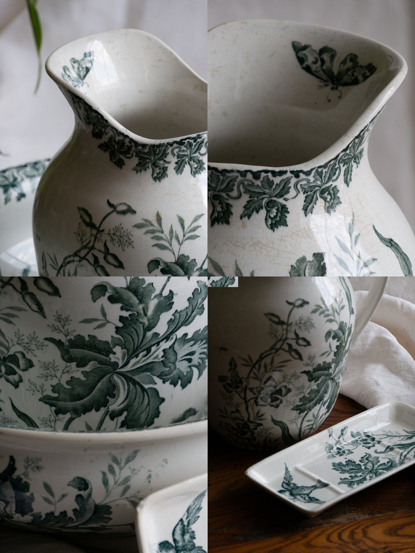 A French antique ironstone jug, basin and soap dish, printed in a soft teal-green bird-and-floral pattern. 