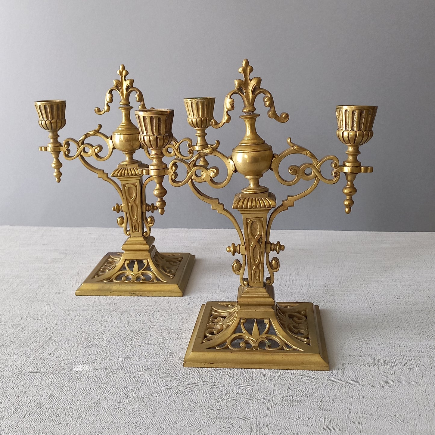 Pair of French antique brass candle holders, decorative candelabras