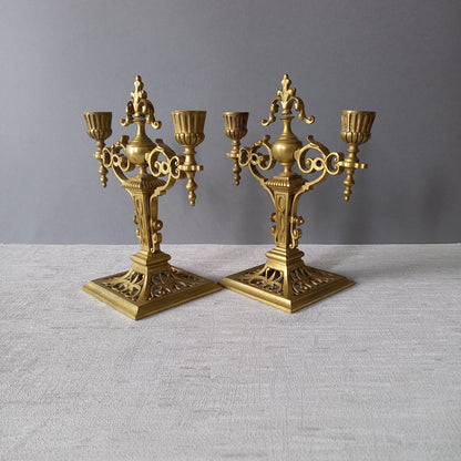 Pair of French antique brass candle holders, decorative candelabras