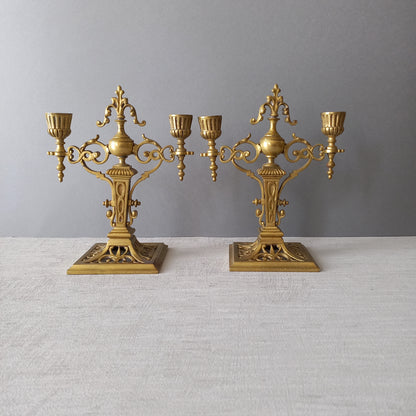 Pair of French antique brass candle holders, decorative candelabras