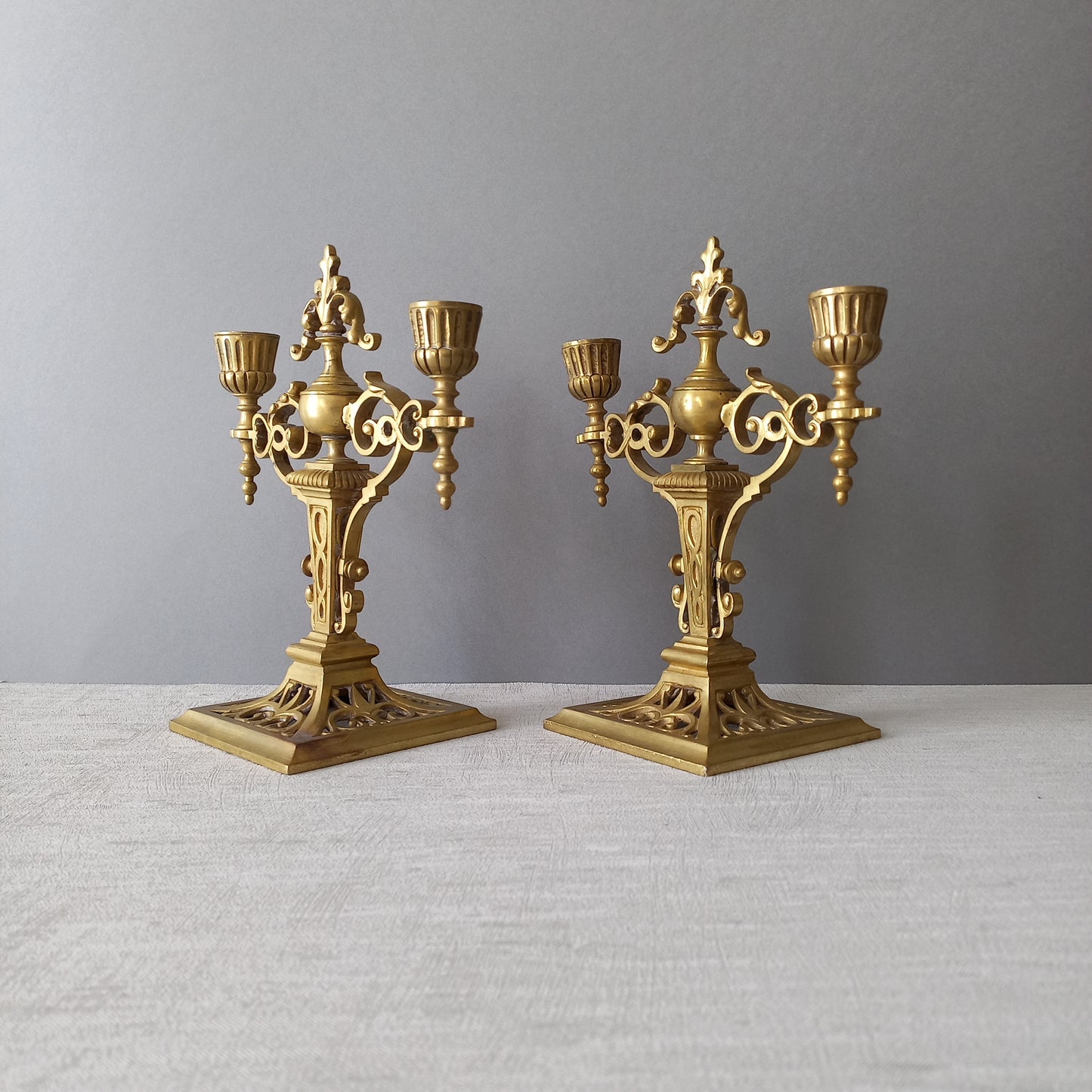 Pair of French antique brass candle holders, decorative candelabras