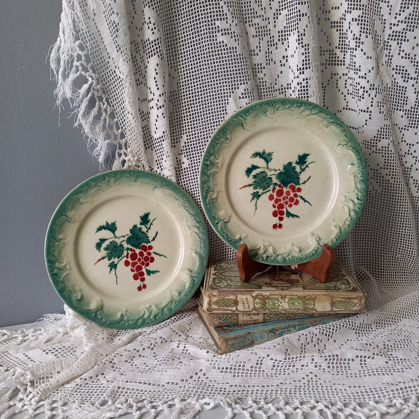 Pair antique ironstone red berry plates with fruit patterns, French vintage plates, country home kitchen decor