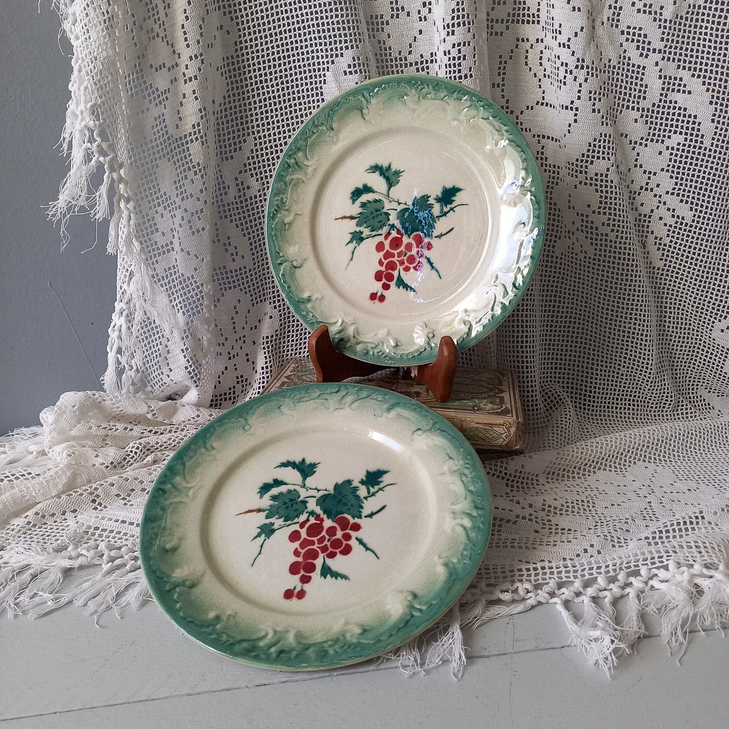 Pair antique ironstone red berry plates with fruit patterns, French vintage plates, country home kitchen decor