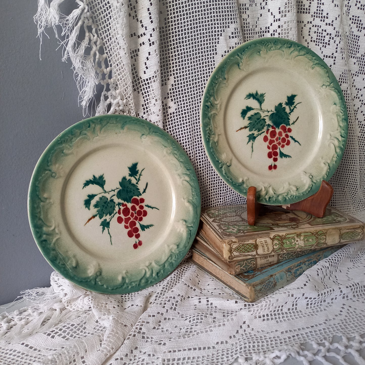 Pair antique ironstone red berry plates with fruit patterns, French vintage plates, country home kitchen decor