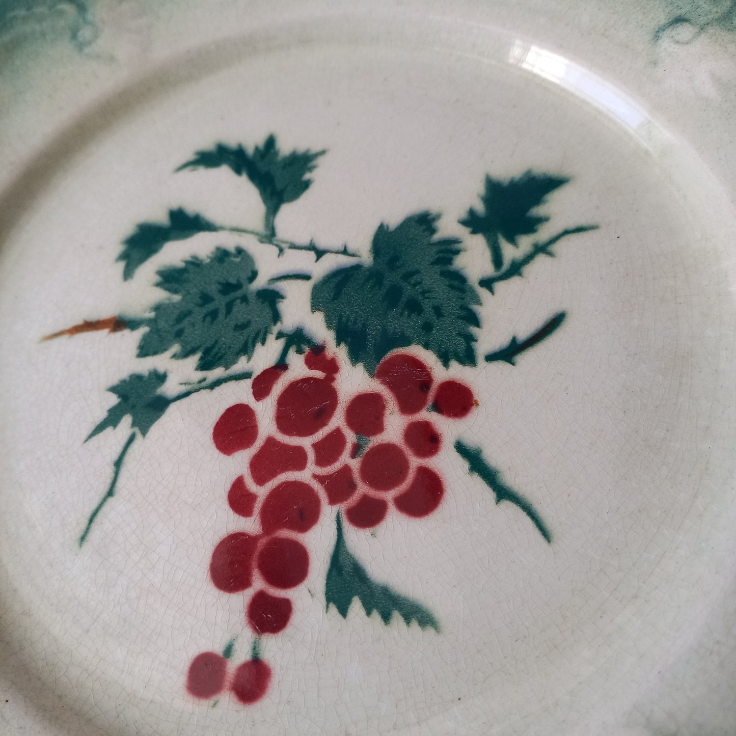 Pair antique ironstone red berry plates with fruit patterns, French vintage plates, country home kitchen decor