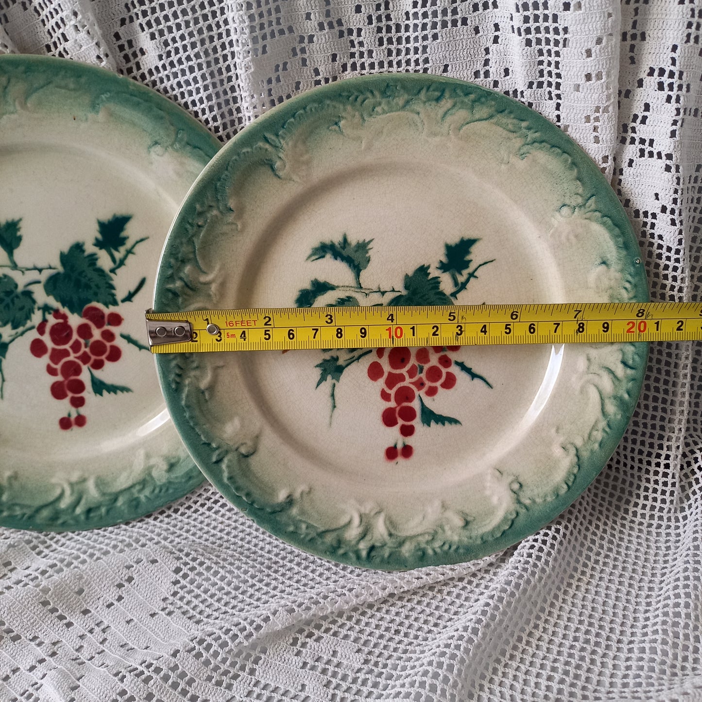 Pair antique ironstone red berry plates with fruit patterns, French vintage plates, country home kitchen decor