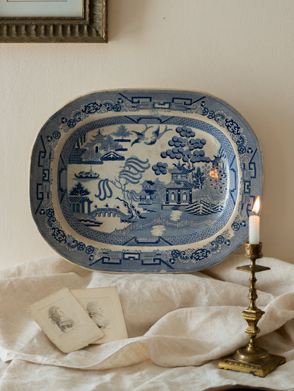 LARGE antique ironstone meat plate marked Staffordshire, blue and white willow ware