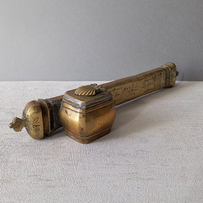 An antique decorative brass inkwell and quill storage case, a really wonderful piece of desk or shelve decor that is a real eye catcher.