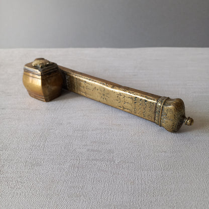 An antique decorative brass inkwell and quill storage case, a really wonderful piece of desk or shelve decor that is a real eye catcher.