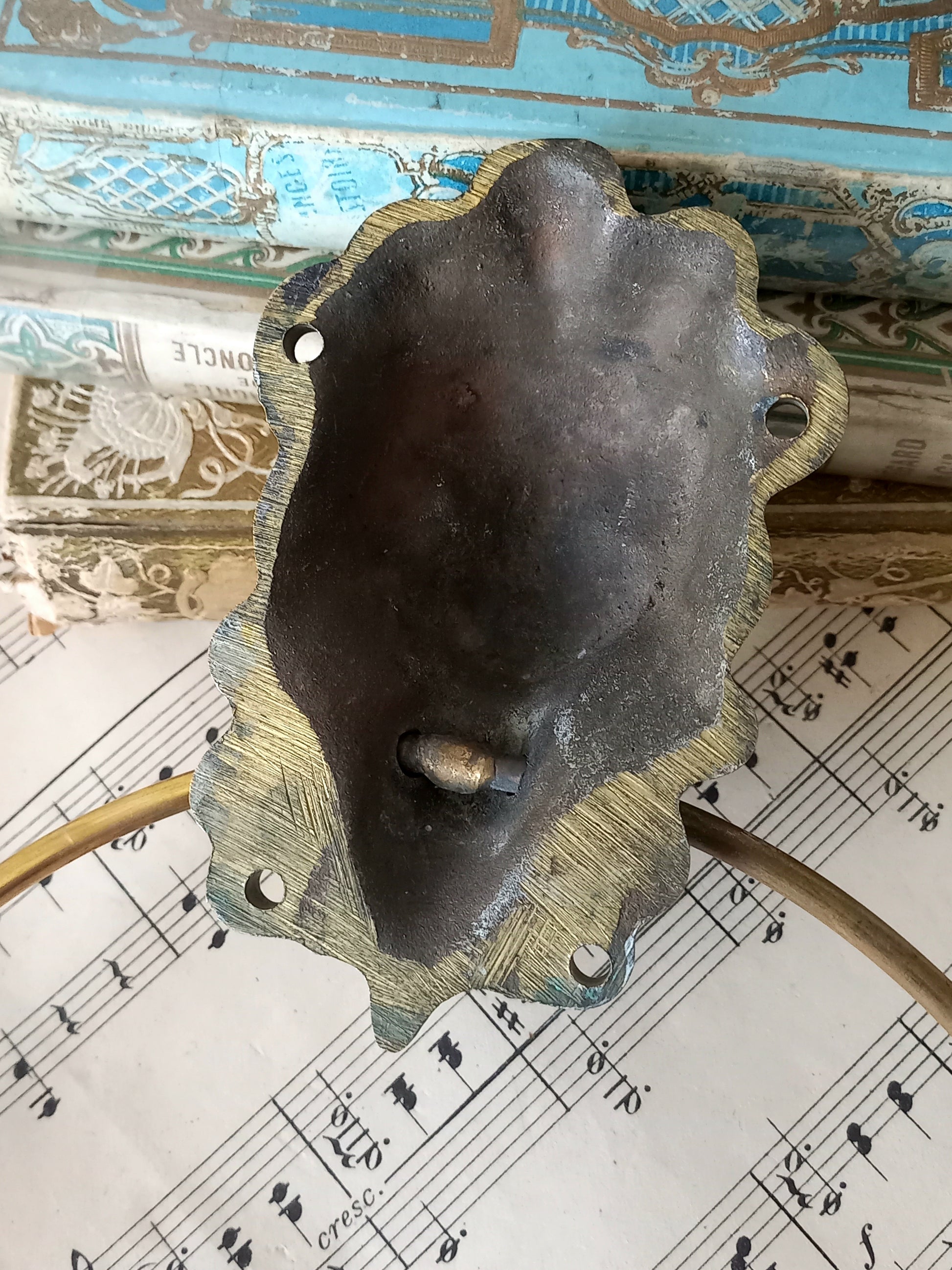 Close-up of rear of a vintage brass towel ring holder with a lion head sculpted on the front, displayed on top of an antique sheet music page with decorative books in the background.