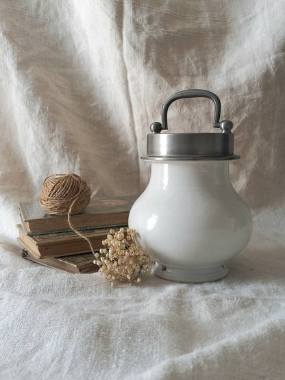 French Antique White Porcelain Broth Pot with Pewter Lid