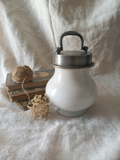 French Antique White Porcelain Broth Pot with Pewter Lid