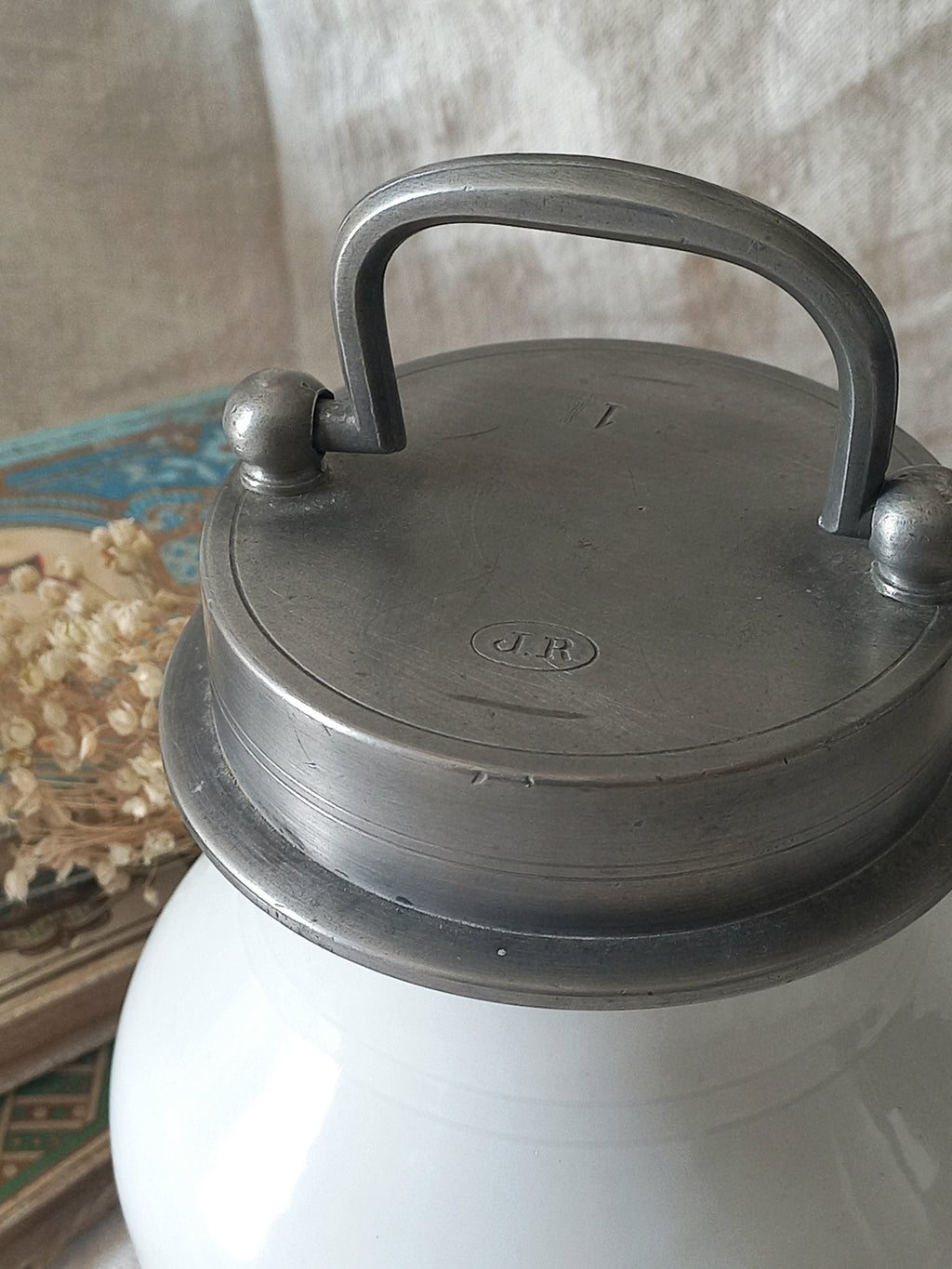 French Antique White Porcelain Broth Pot with Pewter Lid