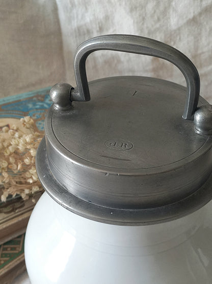 French Antique White Porcelain Broth Pot with Pewter Lid