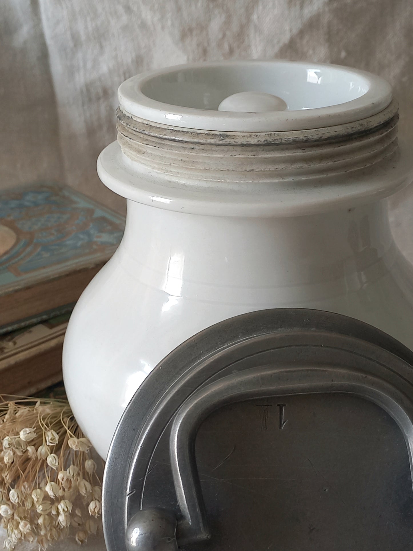 French Antique White Porcelain Broth Pot with Pewter Lid