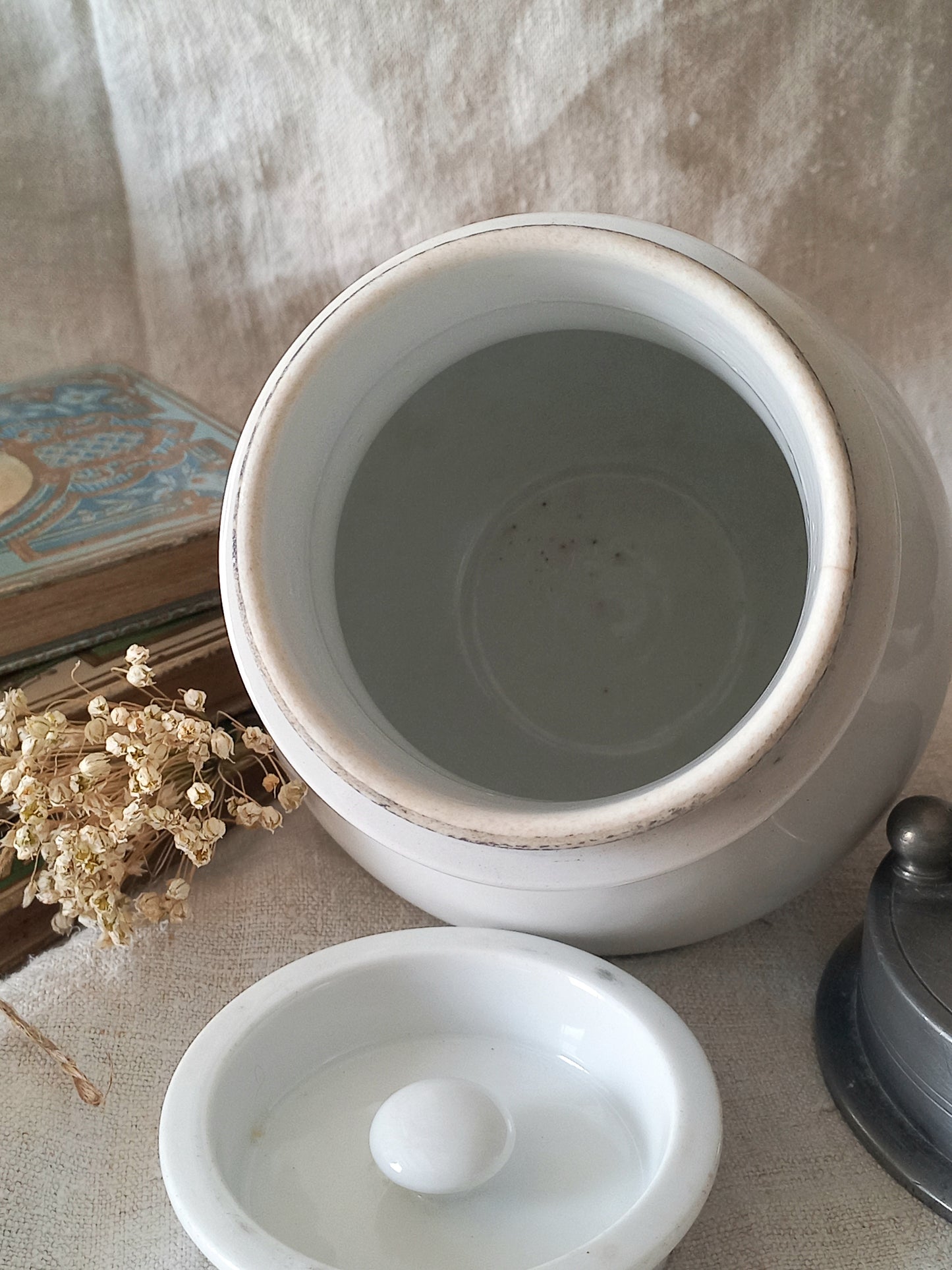 French Antique White Porcelain Broth Pot with Pewter Lid