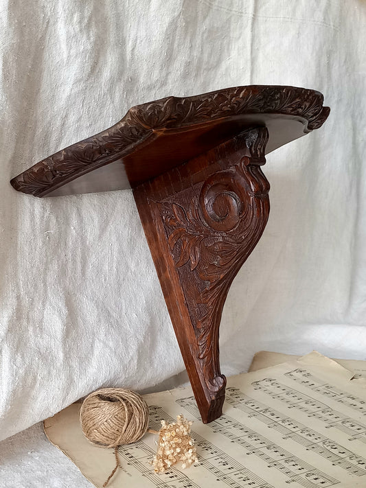 French vintage/antique decorative carved wooden wall mounted shelf.