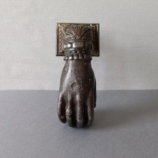 French antique door knocker made from cast iron, female hand door knocker