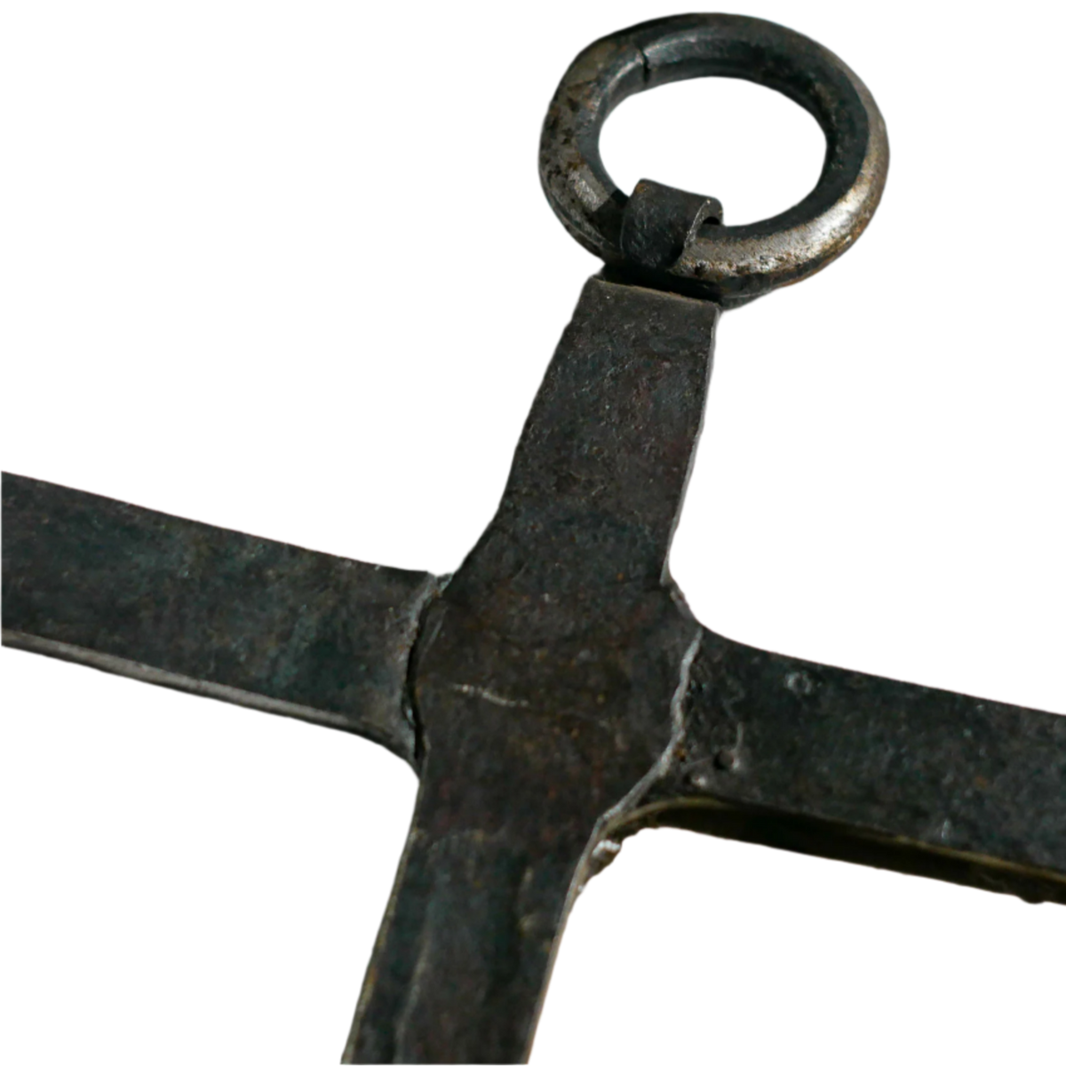 An interesting French antique artisan made Crucifix made from iron and painted black. On one side the metal has worn away in places giving this piece a pleasing patina of age. There's a hanging loop so it's ready to hang in your home.

We guesstimate this piece to be over 100 years old.