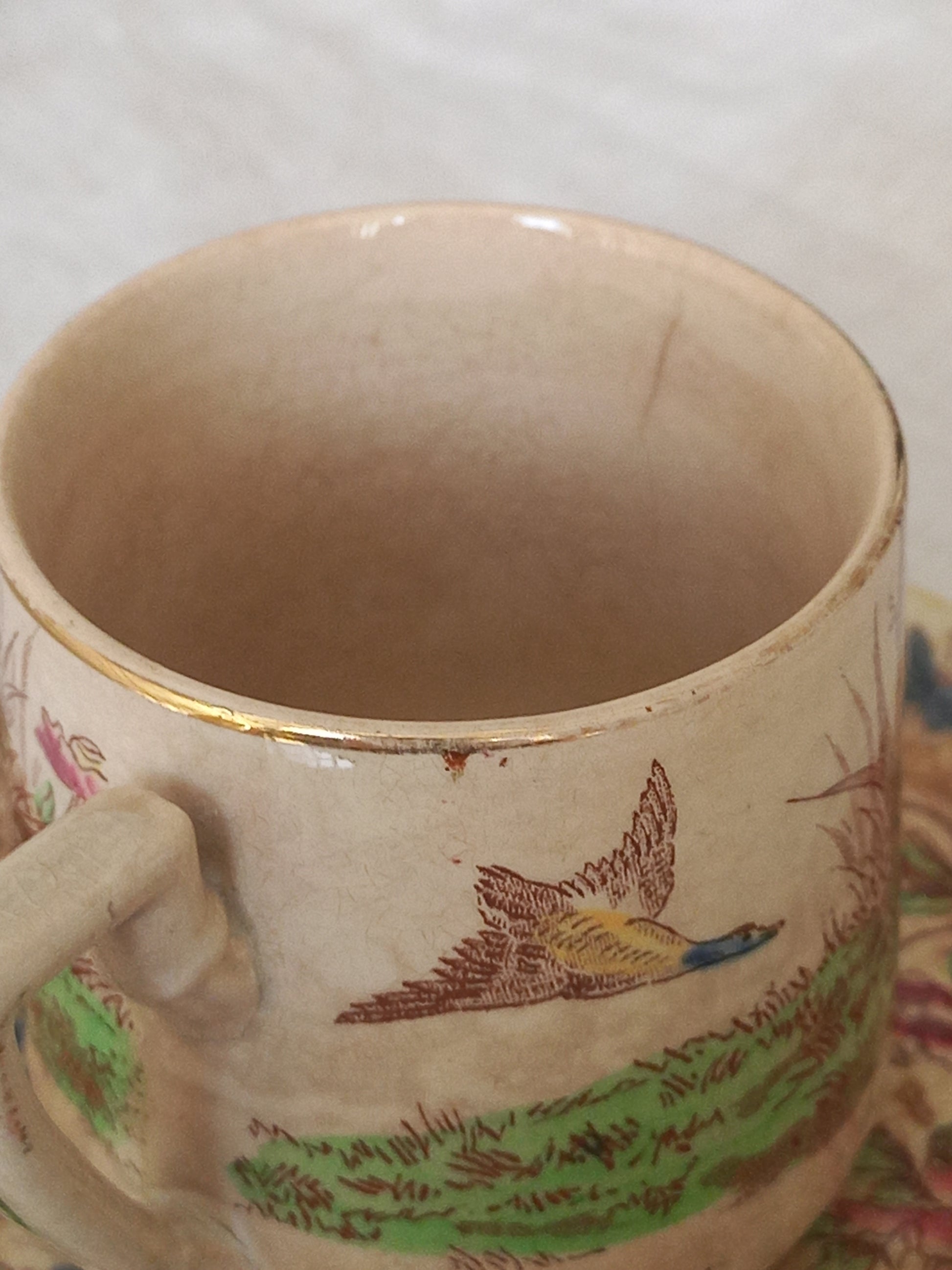 A little antique cup with oriental influenced design depicting ducks, butterflies, flowers and bamboo shoots.