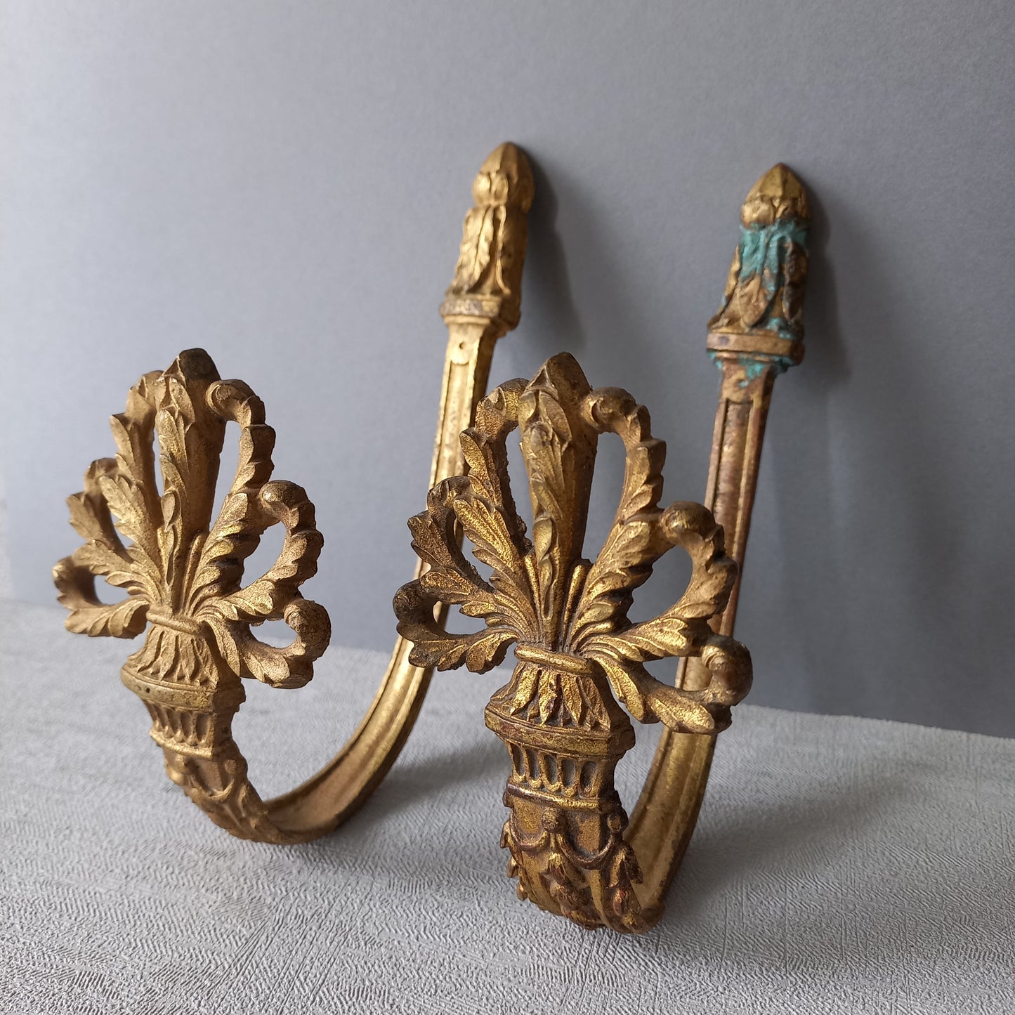 French antique decorative curtain hold backs or tie backs made from brass, bronze