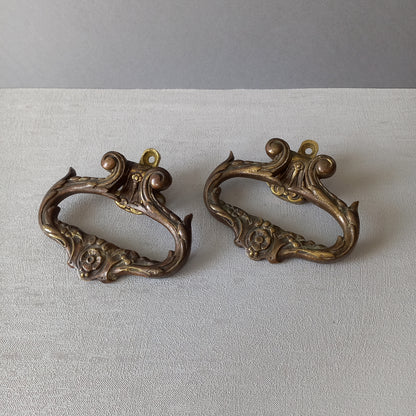 Pair of French antique decorative brass or bronze drawer handles, furniture hardware,