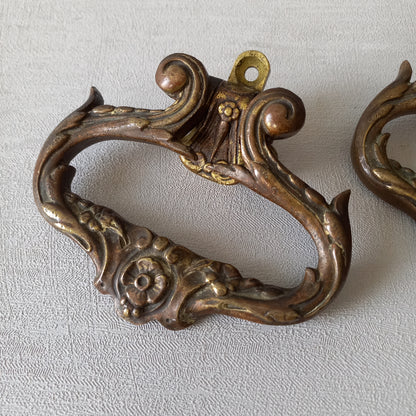 Pair of French antique decorative brass or bronze drawer handles, furniture hardware,