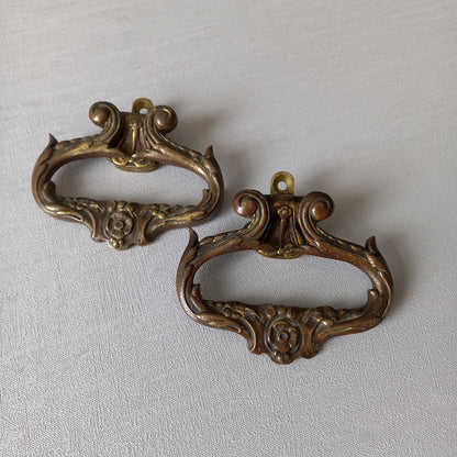 Pair of French antique decorative brass or bronze drawer handles, furniture hardware,