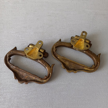 Pair of French antique decorative brass or bronze drawer handles, furniture hardware,