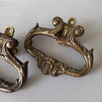 Pair of French antique decorative brass or bronze drawer handles, furniture hardware,