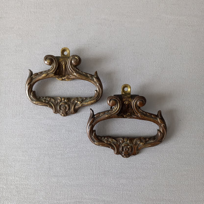 Pair of French antique decorative brass or bronze drawer handles, furniture hardware,