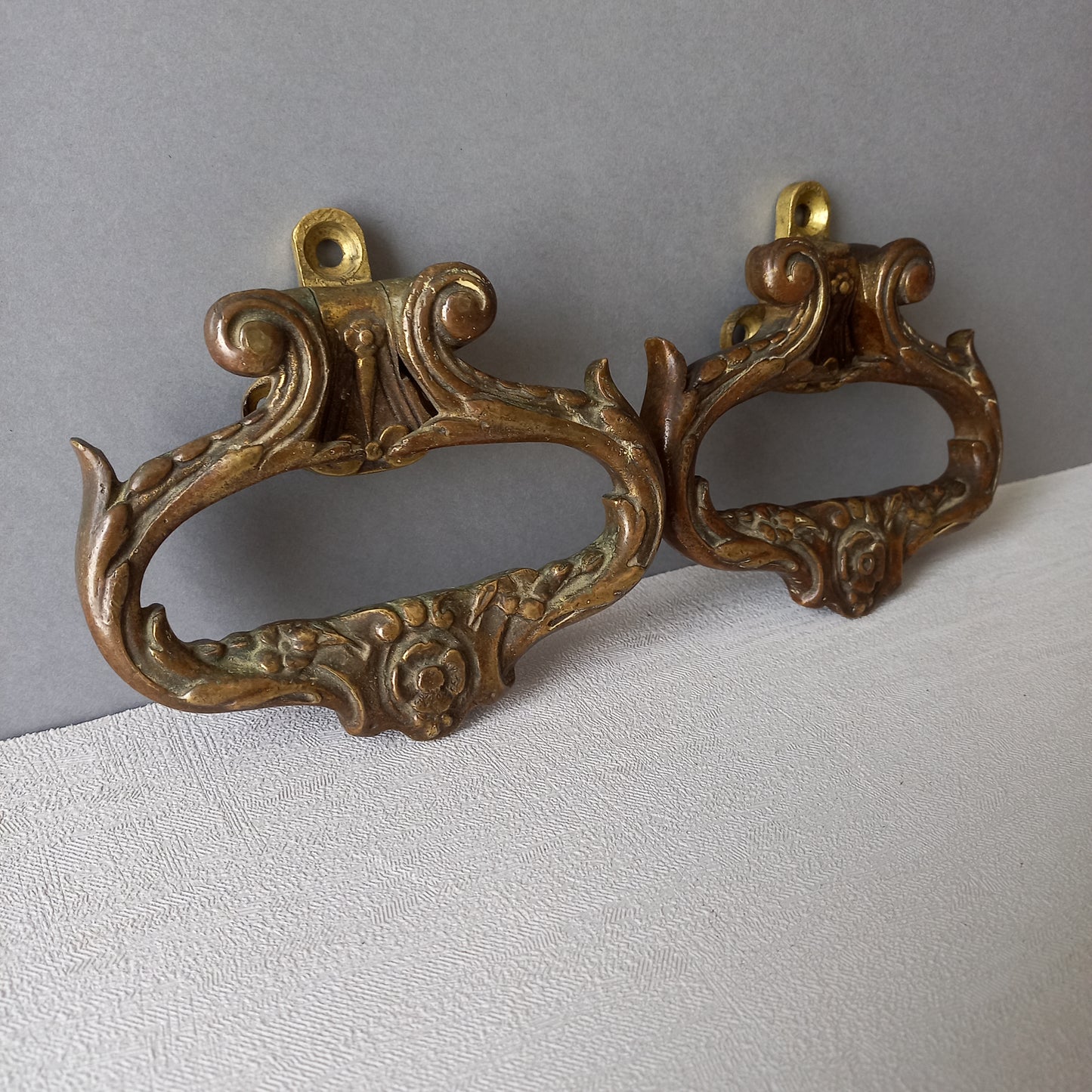 Pair of French antique decorative brass or bronze drawer handles, furniture hardware,