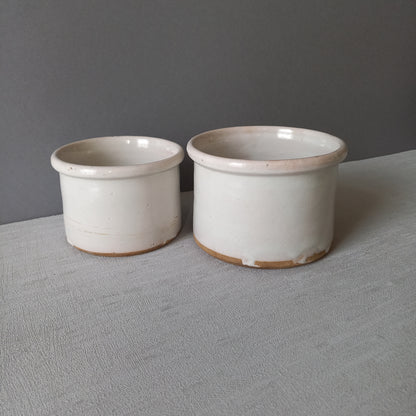 French antique white glazed pottery jam pots, utensil storage pots with white glaze