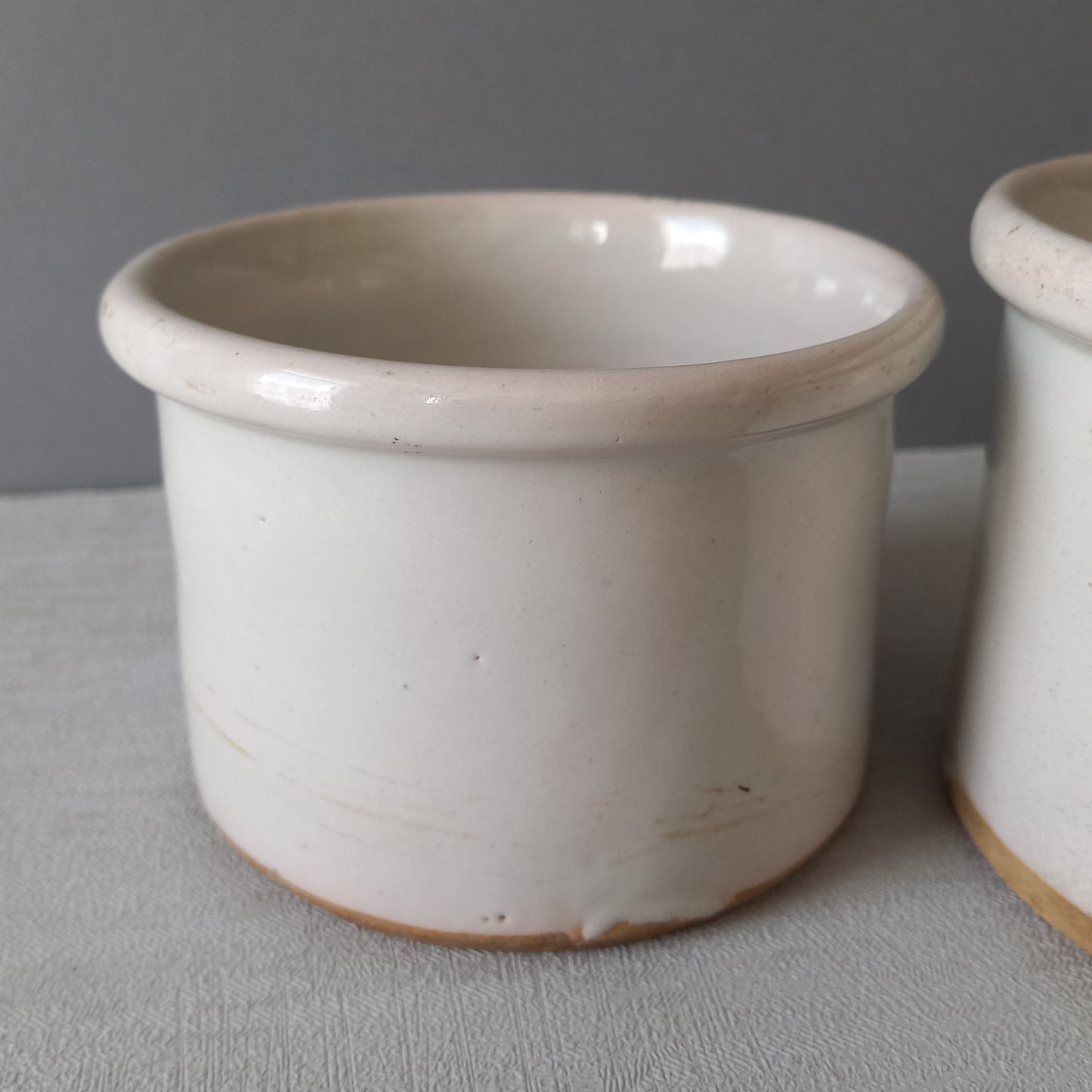 French antique white glazed pottery jam pots, utensil storage pots with white glaze