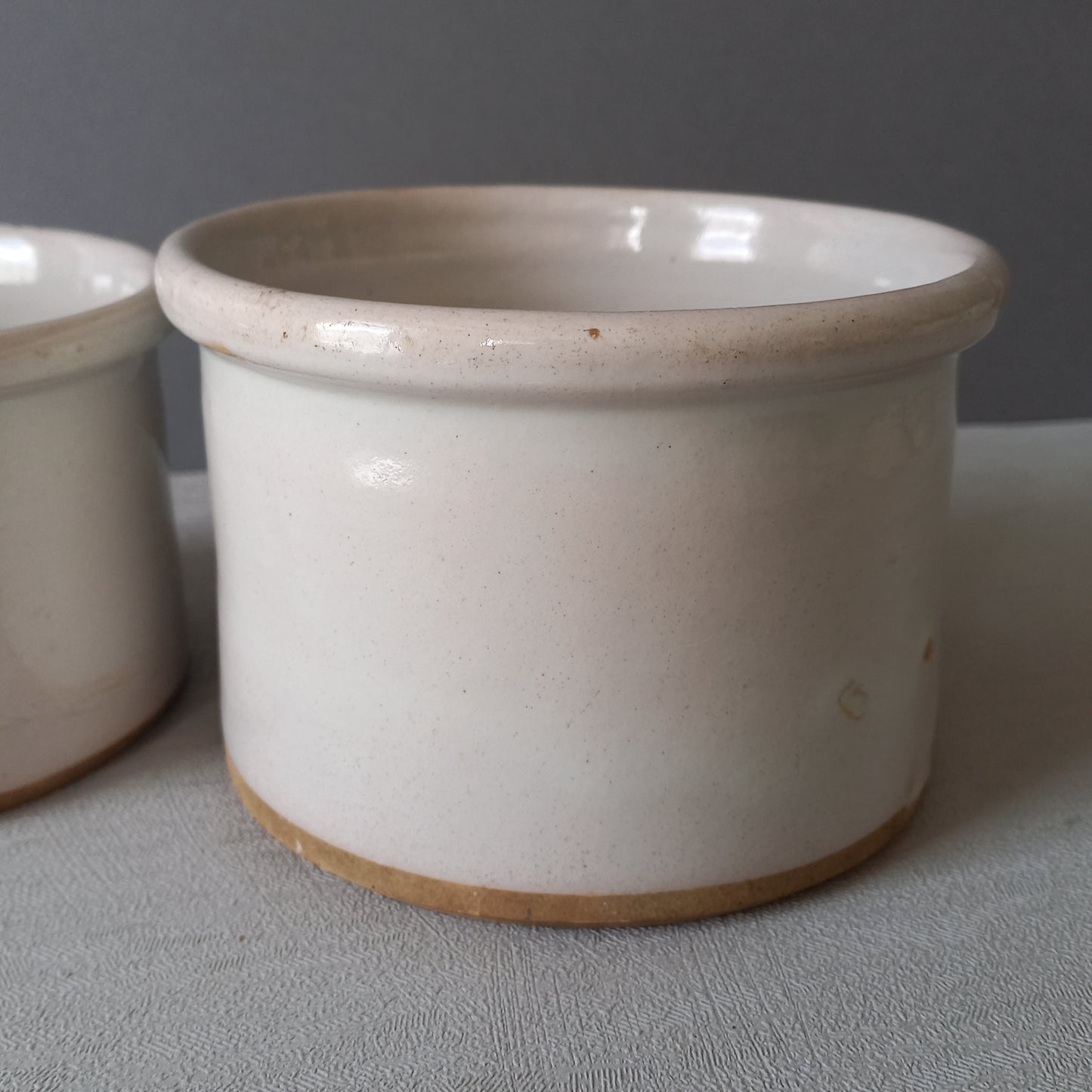 French antique white glazed pottery jam pots, utensil storage pots with white glaze