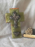 An absolutely beautiful French antique religious Holy water font, a highly decorative piece made from onyx with silver coloured Crucifix and water font with floral design in relief - to the rear is a brass plate with a hanging loop. These are getting much rarer to find these days, especially in this beautiful condition.