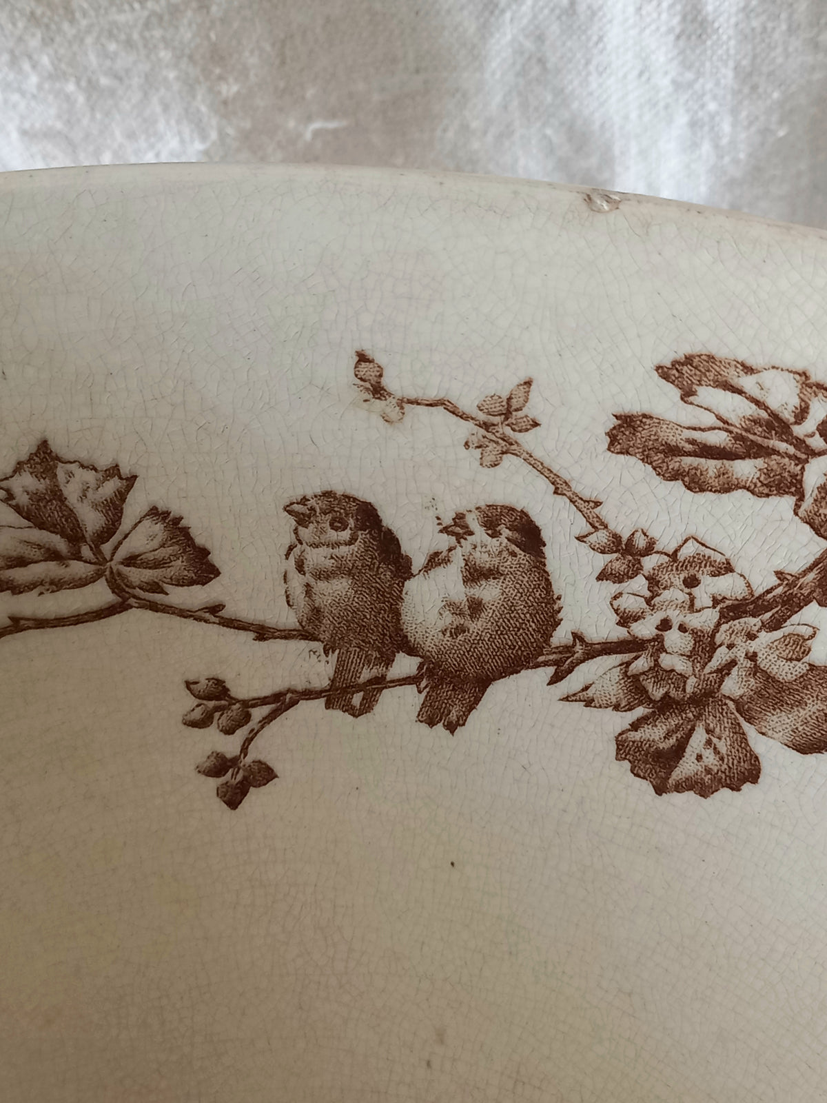 Close-up of a cream-colored antique ceramic bowl featuring a brown design of two small birds perched on a flowering branch.