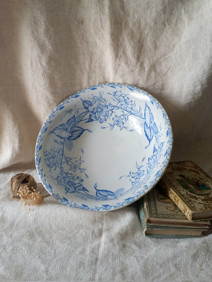 Large French antique decorative ironstone/earthenware bowl with blue floral pattern 