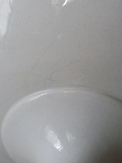Close-up of an antique white ironstone footed bowl showing a minor spider hair on the surface.